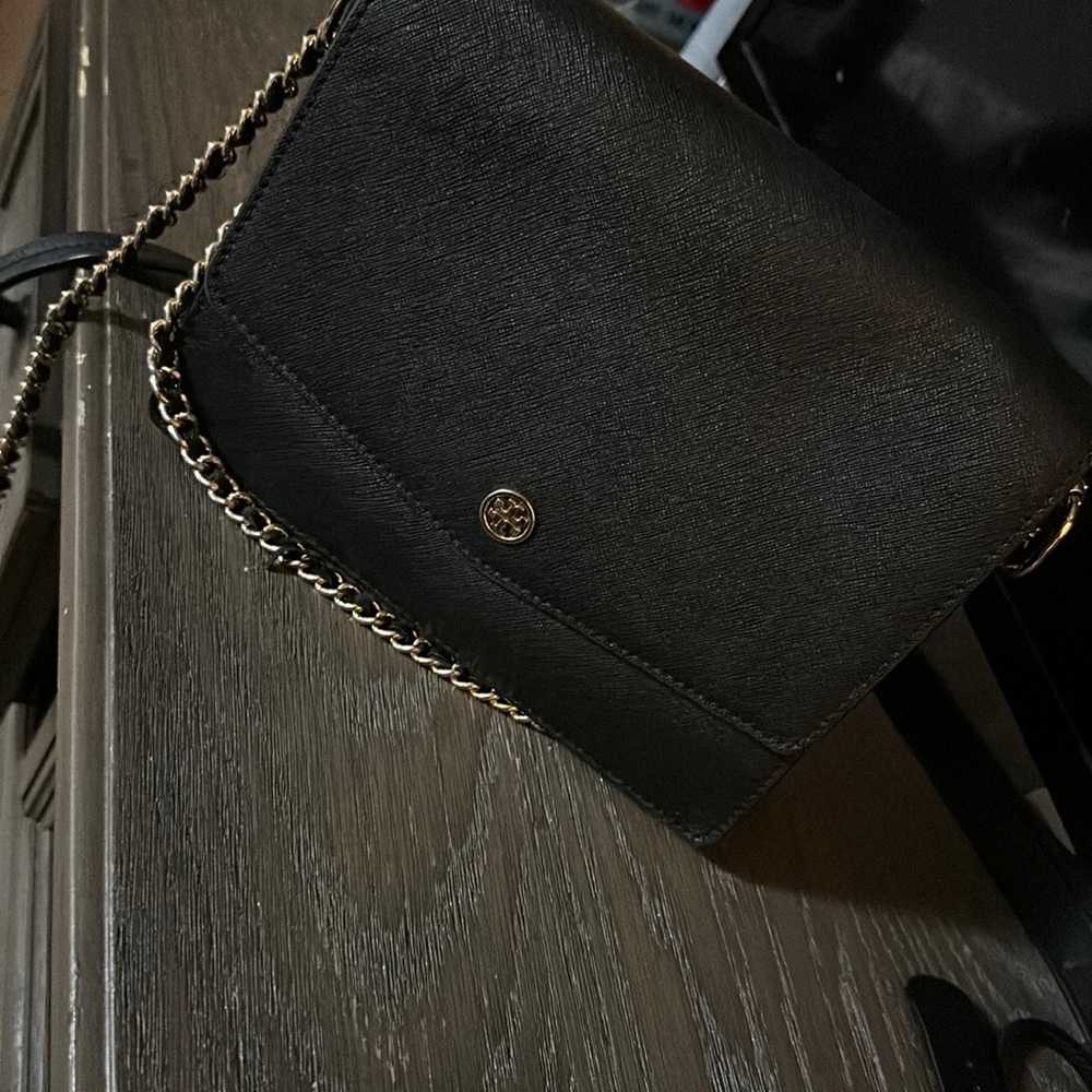 Tory Burch black purse with gold chain